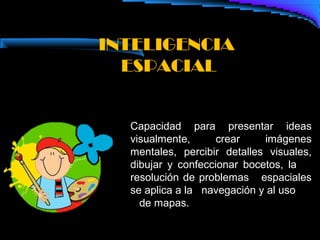 INTELIGENCIA
  ESPACIAL


  Capacidad para presentar ideas
  visualmente,      crear    imágenes
  mentales, percibir detalles visuales,
  dibujar y confeccionar bocetos, la
  resolución de problemas espaciales
  se aplica a la navegación y al uso
    de mapas.
 