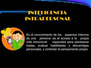 INTELIGENCIA
INTRAPERSONAL


Es el conocimiento de los aspectos internos
de una persona: es el acceso a la propia
vida emocional     capacidad para plantearse
metas, evaluar habilidades y desventajas
personales, y controlar el pensamiento propio.
 