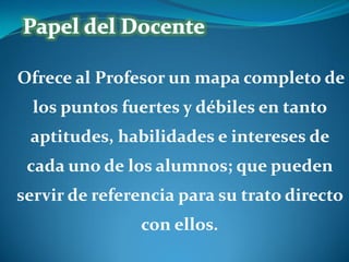 Ofrece al Profesor un mapa completo de
los puntos fuertes y débiles en tanto
aptitudes, habilidades e intereses de
cada uno de los alumnos; que pueden

servir de referencia para su trato directo
con ellos.

 