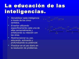 La educación de lasLa educación de las
inteligencias.inteligencias.
 SensibilizarSensibilizar cada inteligenciacada inteligencia
a través de los cincoa través de los cinco
sentidos.sentidos.
 EnseñarEnseñar utilizandoutilizando
específicamente cada una deespecíficamente cada una de
ellas sensorialmente yellas sensorialmente y
enfatizando su relación conenfatizando su relación con
las otraslas otras..
 RedimensionarRedimensionar su uso,su uso,
educando, activando yeducando, activando y
profundizando su potencialprofundizando su potencial..
 PracticarPracticar en el uso diario enen el uso diario en
la resolución de problemas.la resolución de problemas.
 