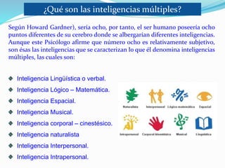 ¿Qué son las inteligencias múltiples? 
Según Howard Gardner), sería ocho, por tanto, el ser humano poseería ocho 
puntos diferentes de su cerebro donde se albergarían diferentes inteligencias. 
Aunque este Psicólogo afirme que número ocho es relativamente subjetivo, 
son ésas las inteligencias que se caracterizan lo que él denomina inteligencias 
múltiples, las cuales son: 
Inteligencia Lingüística o verbal. 
Inteligencia Lógico – Matemática. 
Inteligencia Espacial. 
Inteligencia Musical. 
Inteligencia corporal – cinestésico. 
Inteligencia naturalista 
Inteligencia Interpersonal. 
Inteligencia Intrapersonal. 
 