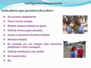 Inteligencia interpersonal 
Indicadores que permiten descubrir: 
 Se socializa rápidamente. 
 Tiene muchos amigos. 
 Realiza siempre trabajos en grupo. 
 Disfruta de los juegos grupales. 
 Ayuda a solucionar durante el debate. 
 Muestra empatía. 
 Es buscado por sus amigos para solucionar 
problemas o como consejero. 
 Disfruta enseñando a los demás. 
 Se muestra líder. 
 Etc. 
 