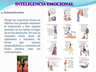 IINNTTEELLIIGGEENNCCIIAA EEMOCCIIONNAALL 
3. Automotivación 
Dirigir las emociones hacia un 
objetivo nos permite mantener 
la motivación y fijar nuestra 
atención en las metas en lugar 
de en los obstáculos. En esto es 
necesaria cierta dosis de 
optimismo e iniciativa, de 
forma que seamos 
emprendedores y actuemos de 
forma positiva ante los 
contratiempos. 
 