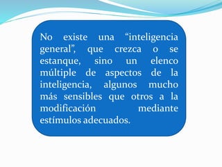 No existe una “inteligencia 
general”, que crezca o se 
estanque, sino un elenco 
múltiple de aspectos de la 
inteligencia, algunos mucho 
más sensibles que otros a la 
modificación mediante 
estímulos adecuados. 
 