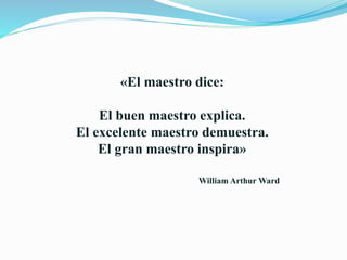 «El maestro dice:
El buen maestro explica.
El excelente maestro demuestra.
El gran maestro inspira»
William Arthur Ward
 