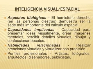 INTELIGENCIA VISUAL/ESPACIAL
 Aspectos biológicos - El hemisferio derecho
(en las personas diestras) demuestra ser la
sede más importante del cálculo espacial.
 Capacidades implicadas - Capacidad para
presentar ideas visualmente, crear imágenes
mentales, percibir detalles visuales, dibujar y
confeccionar bocetos.
 Habilidades relacionadas - Realizar
creaciones visuales y visualizar con precisión.
 Perfiles profesionales - Artistas, fotógrafos,
arquitectos, diseñadores, publicistas.
 