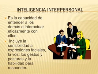 INTELIGENCIA INTERPERSONAL
 Es la capacidad de
entender a los
demás e interactuar
eficazmente con
ellos.
 Incluye la
sensibilidad a
expresiones faciales,
la voz, los gestos y
posturas y la
habilidad para
responder.
 