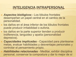 INTELIGENCIA INTRAPERSONAL
 Aspectos biológicos - Los lóbulos frontales
desempeñan un papel central en el cambio de la
personalidad.
 los daños en el área inferior de los lóbulos frontales
puede producir irritabilidad o euforia.
 los daños en la parte superior tienden a producir
indiferencia, languidez y apatía (personalidad
depresiva).
 Capacidades implicadas - Capacidad para plantearse
metas, evaluar habilidades y desventajas personales y
controlar el pensamiento propio.
 Habilidades relacionadas - Meditar, exhibir disciplina
personal, conservar la compostura y dar lo mejor de sí
 