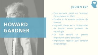 HOWARD
GARDNER
¿QUIEN ES?
• Esta persona nació en Scranton
Pennsylvania en 1943
• Estudió en la escuela superior de
Harvard
• Impartió clases en la Universidad
de Boston como profesor de
neurología.
• En 1990 recibió un premio
importante como educador.
• Importante recalcar que también
era psicólogo
 