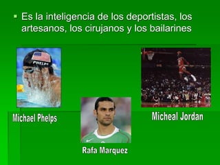  Es la inteligencia de los deportistas, los
artesanos, los cirujanos y los bailarines
 