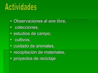  Observaciones al aire libre,
 colecciones,
 estudios de campo,
 cultivos,
 cuidado de animales,
 recopilación de materiales,
 proyectos de reciclaje
 