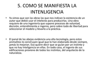 5. COMO SE MANIFIESTA LA
               INTENLIGENCIA
• Ya vimos que son las obras las que nos indican la existencia de un
  autor que debió usar el intelecto para producirlas. Una obra
  requiere de una ingeniería que supone procesos de voluntad,
  decisión, entendimiento e ingenio, pero sobre todo de libertad para
  seleccionar el modelo y llevarlo a la práctica.


• El panal de las abejas evidencia una alta tecnología, pero estos
  animalitos lo construyen igual que lo han elaborado desde siempre,
  jamás lo mejoran. Eso quiere decir que se guían por un instinto y
  que no hay inteligencia en ellas. En todo caso, el ingenio de sus
  edificaciones proviene de todos los instintos, del arquitecto de la
  naturaleza.
 