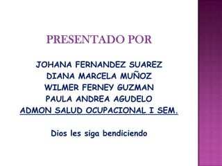 JOHANA FERNANDEZ SUAREZ
DIANA MARCELA MUÑOZ
WILMER FERNEY GUZMAN
PAULA ANDREA AGUDELO
ADMON SALUD OCUPACIONAL I SEM.
Dios les siga bendiciendo
 