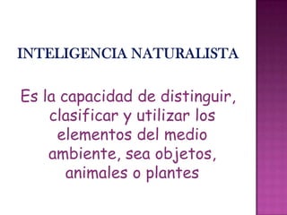 Es la capacidad de distinguir,
clasificar y utilizar los
elementos del medio
ambiente, sea objetos,
animales o plantes
 