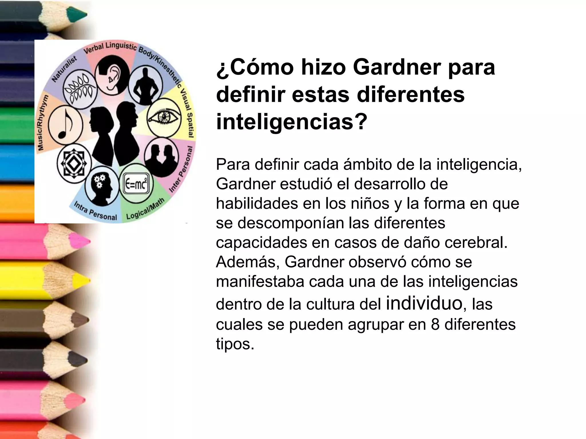 ¿Cómo hizo Gardner para
definir estas diferentes
inteligencias?
Para definir cada ámbito de la inteligencia,
Gardner estudió el desarrollo de
habilidades en los niños y la forma en que
se descomponían las diferentes
capacidades en casos de daño cerebral.
Además, Gardner observó cómo se
manifestaba cada una de las inteligencias
dentro de la cultura del individuo, las
cuales se pueden agrupar en 8 diferentes
tipos.
 
