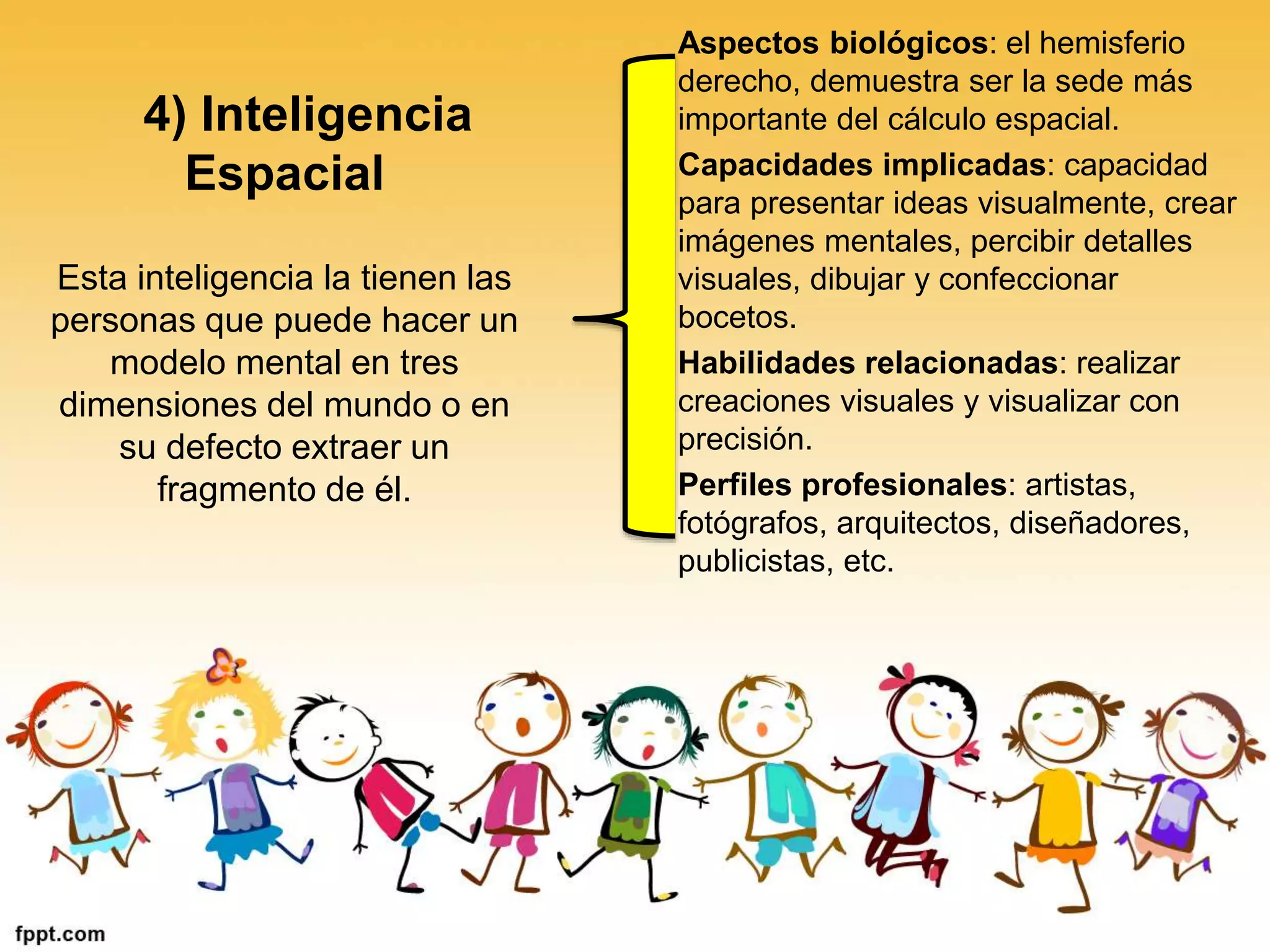 4) Inteligencia
Espacial
Esta inteligencia la tienen las
personas que puede hacer un
modelo mental en tres
dimensiones del mundo o en
su defecto extraer un
fragmento de él.
Aspectos biológicos: el hemisferio
derecho, demuestra ser la sede más
importante del cálculo espacial.
Capacidades implicadas: capacidad
para presentar ideas visualmente, crear
imágenes mentales, percibir detalles
visuales, dibujar y confeccionar
bocetos.
Habilidades relacionadas: realizar
creaciones visuales y visualizar con
precisión.
Perfiles profesionales: artistas,
fotógrafos, arquitectos, diseñadores,
publicistas, etc.
 