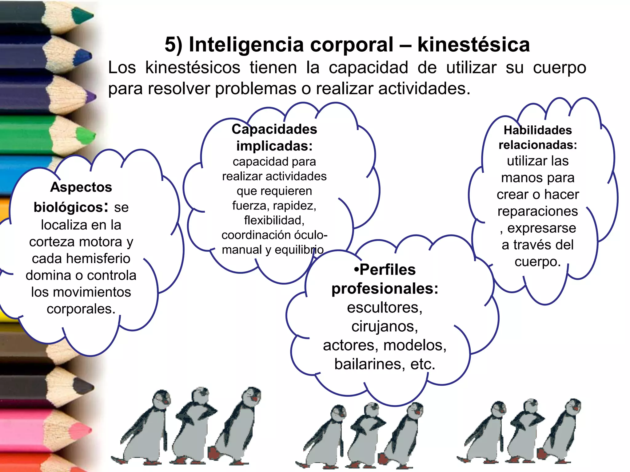 5) Inteligencia corporal – kinestésica
Los kinestésicos tienen la capacidad de utilizar su cuerpo
para resolver problemas o realizar actividades.
Aspectos
biológicos: se
localiza en la
corteza motora y
cada hemisferio
domina o controla
los movimientos
corporales.
Capacidades
implicadas:
capacidad para
realizar actividades
que requieren
fuerza, rapidez,
flexibilidad,
coordinación óculo-
manual y equilibrio.
Habilidades
relacionadas:
utilizar las
manos para
crear o hacer
reparaciones
, expresarse
a través del
cuerpo.
•Perfiles
profesionales:
escultores,
cirujanos,
actores, modelos,
bailarines, etc.
 