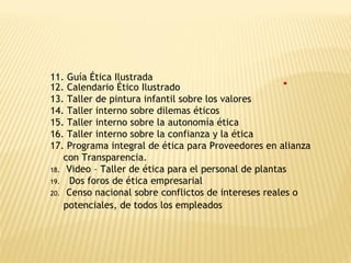 11. Guía Ética Ilustrada
12. Calendario Ético Ilustrado
13. Taller de pintura infantil sobre los valores
14. Taller interno sobre dilemas éticos
15. Taller interno sobre la autonomía ética
16. Taller interno sobre la confianza y la ética
17. Programa integral de ética para Proveedores en alianza
con Transparencia.
18. Video – Taller de ética para el personal de plantas
19. Dos foros de ética empresarial
20. Censo nacional sobre conflictos de intereses reales o
potenciales, de todos los empleados
 