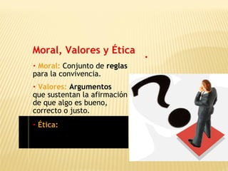 Moral, Valores y Ética
• Moral: Conjunto de reglas
para la convivencia.
• Valores: Argumentos
que sustentan la afirmación
de que algo es bueno,
correcto o justo.
• Ética: Reflexión acerca
de la moral y los valores
que la sustentan.
 