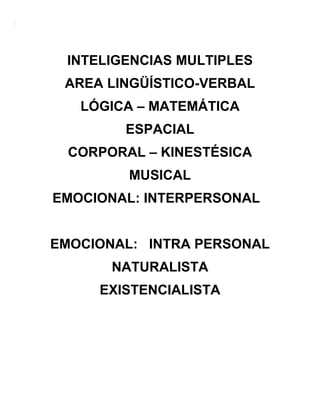 INTELIGENCIAS MULTIPLES
AREA LINGÜÍSTICO-VERBAL
LÓGICA – MATEMÁTICA
ESPACIAL
CORPORAL – KINESTÉSICA
MUSICAL
EMOCIONAL: INTERPERSONAL
EMOCIONAL: INTRA PERSONAL
NATURALISTA
EXISTENCIALISTA
 