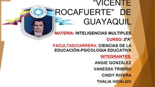 “VICENTE
ROCAFUERTE” DE
GUAYAQUIL
MATERIA: INTELIGENCIAS MULTIPLES
CURSO: 2”A”
FACULTAD/CARRERA: CIENCIAS DE LA
EDUCACIÓN-PSICOLOGIA EDUCATIVA
INTEGRANTES:
ANGIE GONZÁLEZ
VANESSA TRIBIÑO
CINDY RIVERA
THALIA HIDALGO
 