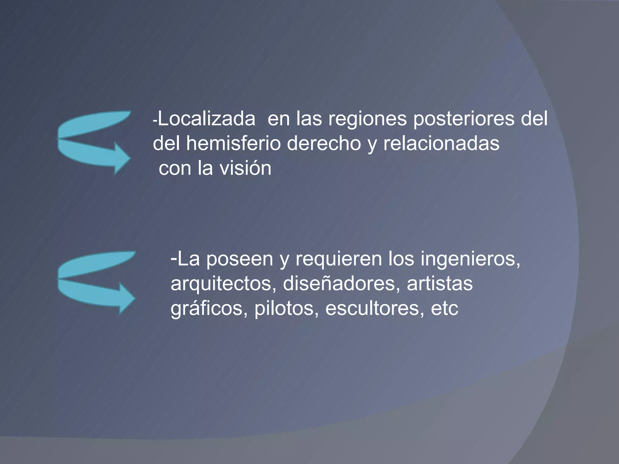 La poseen y requieren los ingenieros,  arquitectos, diseñadores, artistas gráficos, pilotos, escultores, etc - Localizada  en las regiones posteriores del  del hemisferio derecho y relacionadas con la visión 