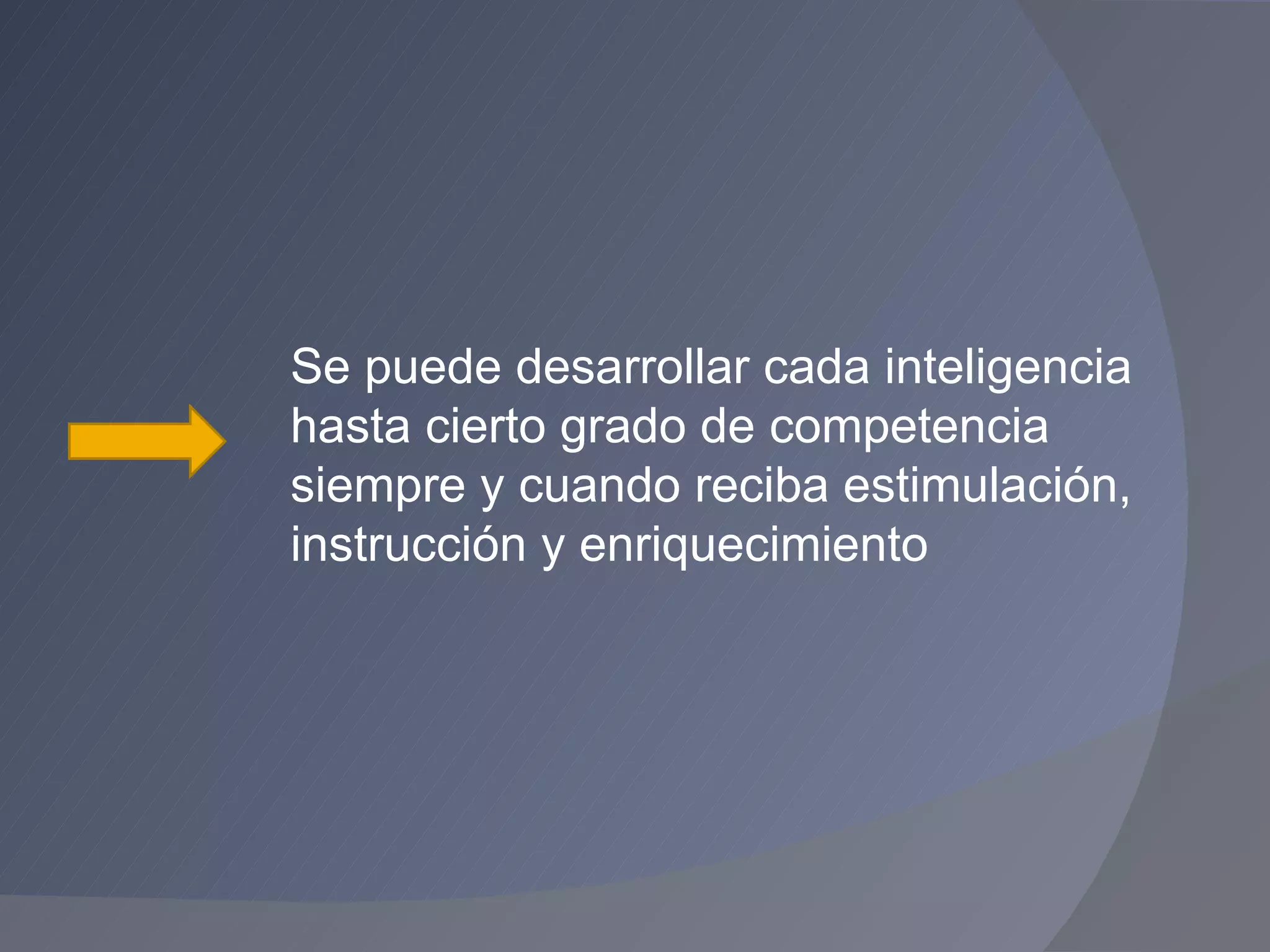 Se puede desarrollar cada inteligencia hasta cierto grado de competencia  siempre y cuando reciba estimulación, instrucción y enriquecimiento 