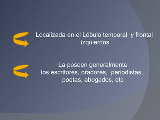 La poseen generalmente los escritores, oradores,  periodistas,  poetas, abogados, etc Localizada en el Lóbulo temporal  y frontal  izquierdos 