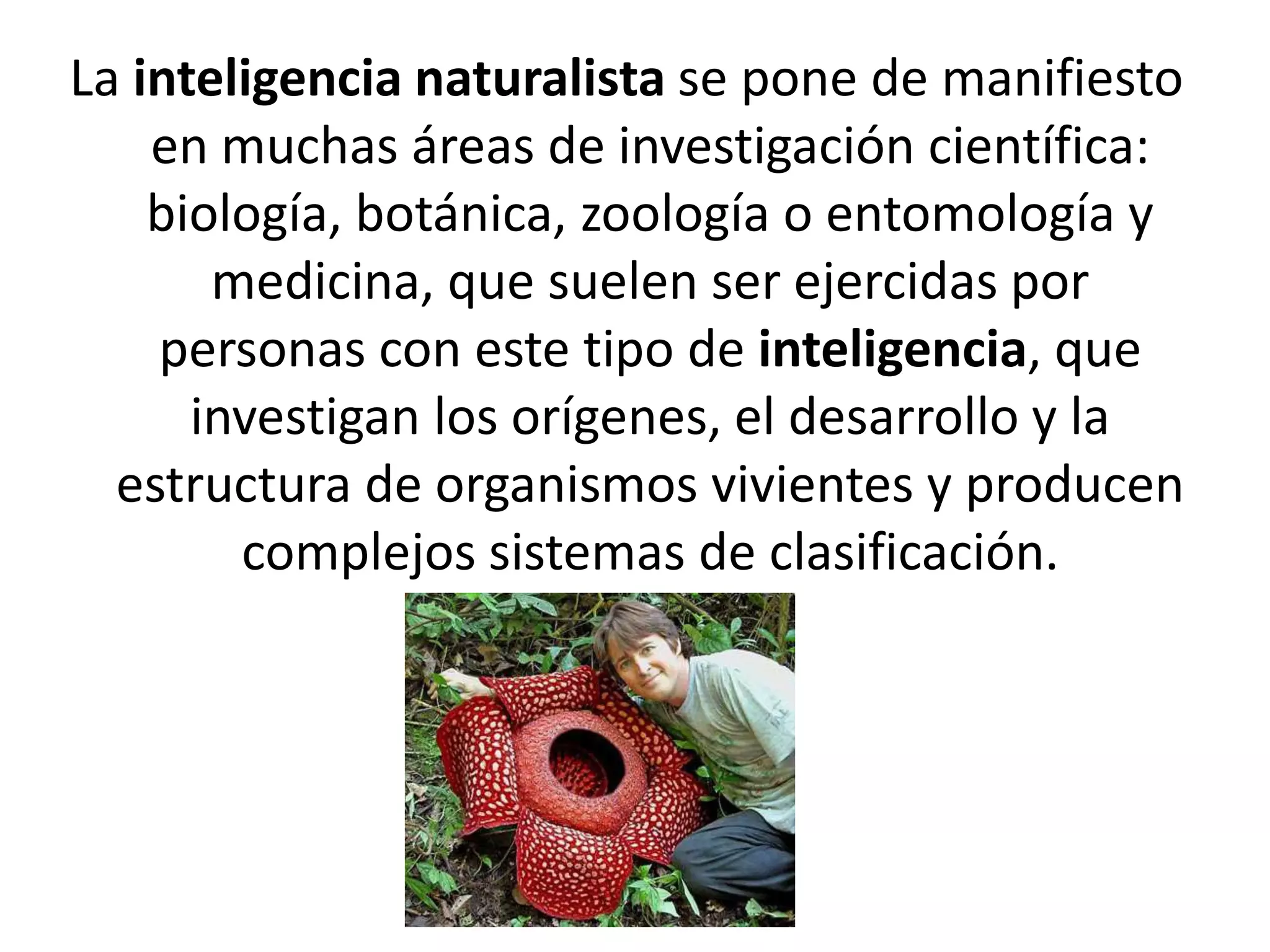 La inteligencianaturalista se pone de manifiesto en muchas áreas de investigación científica: biología, botánica, zoología o entomología y medicina, que suelen ser ejercidas por personas con este tipo de inteligencia, que investigan los orígenes, el desarrollo y la estructura de organismos vivientes y producen complejos sistemas de clasificación.