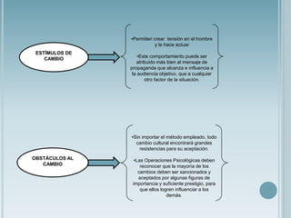ESTÍMULOS DE
CAMBIO
•Permiten crear tensión en el hombre
y le hace actuar
•Este comportamiento puede ser
atribuido más bien al mensaje de
propaganda que alcanza e influencia a
la audiencia objetivo, que a cualquier
otro factor de la situación.
OBSTÁCULOS AL
CAMBIO
•Sin importar el método empleado, todo
cambio cultural encontrará grandes
resistencias para su aceptación.
•Las Operaciones Psicológicas deben
reconocer que la mayoría de los
cambios deben ser sancionados y
aceptados por algunas figuras de
importancia y suficiente prestigio, para
que ellos logren influenciar a los
demás.
 