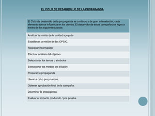 EL CICLO DE DESARROLLO DE LA PROPAGANDA
El Ciclo de desarrollo de la propaganda es continuo y de gran interrelación, cada
elemento ejerce influencia en los demás. El desarrollo de estas campañas se logra a
través de los siguientes pasos:
Analizar la misión de la unidad apoyada
Establecer la misión de las OPSIC.
Recopilar información
Efectuar análisis del objetivo
Seleccionar los temas o símbolos
Seleccionar los medios de difusión
Preparar la propaganda
Llevar a cabo pre pruebas.
Obtener aprobación final de la campaña.
Diseminar la propaganda.
Evaluar el impacto producido / pos prueba.
 