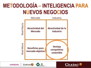 METODOLOGÍA – INTELIGENCIA PARA
NUEVOS NEGOCIOS
Atractividad del
Mercado
Ventaja
competitiva
sostenible
Atractividad de la
Industria
Beneficios para
mercado objetivo
Mercado Industria
NivelMacroNivelMicro
 