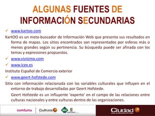  www.kartoo.com
KartOO es un meta-buscador de Información Web que presenta sus resultados en
forma de mapas. Los sitios encontrados son representados por esferas más o
menos grandes según su pertinencia. Su búsqueda puede ser afinada con los
temas y expresiones propuestos.
 www.vivisimo.com
 www.icex.es
Instituto Español de Comercio exterior
 www.geert-hofstede.com
Sitio con información relacionada con las variables culturales que influyen en el
entorno de trabajo desarrolladas por Geert Hofstede.
Geert Hofstede es un influyente 'experto' en el campo de las relaciones entre
culturas nacionales y entre culturas dentro de las organizaciones.
ALGUNAS FUENTES DE
INFORMACIÓN SECUNDARIAS
 