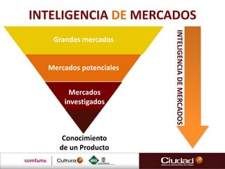 Conocimiento
de un Producto
Mercados
investigados
Mercados potenciales
Grandes mercados
INTELIGENCIADEMERCADOS
INTELIGENCIA DE MERCADOS
 
