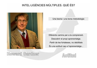 INTEL·LIGÈNCIES MÚLTIPLES. QUÈ ÉS?



                     Una teoria i una bona metodologia




                 Diferents camins per a la comprensió.
                   Descobrir el propi aprenentatge.
                  Partir de les fortaleses, no debilitats
                 És una actitud cap a l’aprenentatge...
 