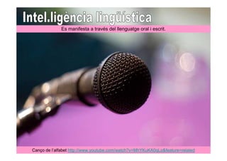Es manifesta a través del llenguatge oral i escrit.




Canço de l’alfabet http://www.youtube.com/watch?v=MhYKuKA0qLo&feature=related
 
