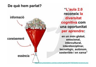 De què hem parlat?
                                                     “L’aula 2.0
                                                     reconeix la
                                                      diversitat
                                                   cognitiva com
                                                   una oportunitat
                                                    per aprendre:
                                                    en un món global,
                                                        emocional,
                                                       intercultural,
                                                     interdisiciplinar,
                                                  tecnològic, autònom,
                                                  sostenible i en xarxa”


              http://www.presentastico.com/wp-content/uploads/2011/02/destilar-la-esencia.png
 