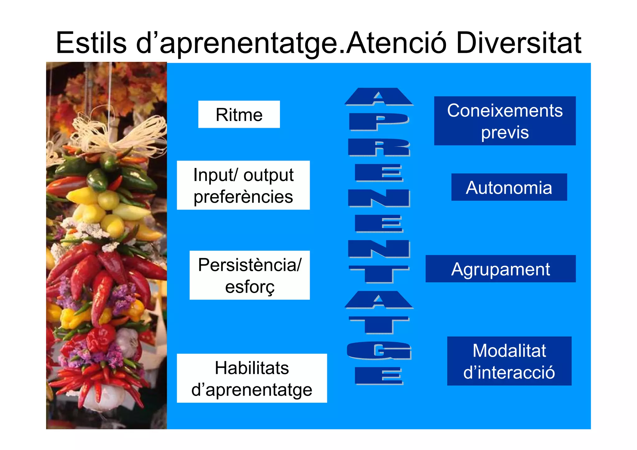 Estils d’aprenentatge.Atenció Diversitat

            Ritme            Coneixements
                                previs

          Input/ output
          preferències         Autonomia



          Persistència/       Agrupament
             esforç


                                Modalitat
             Habilitats        d’interacció
          d’aprenentatge
 