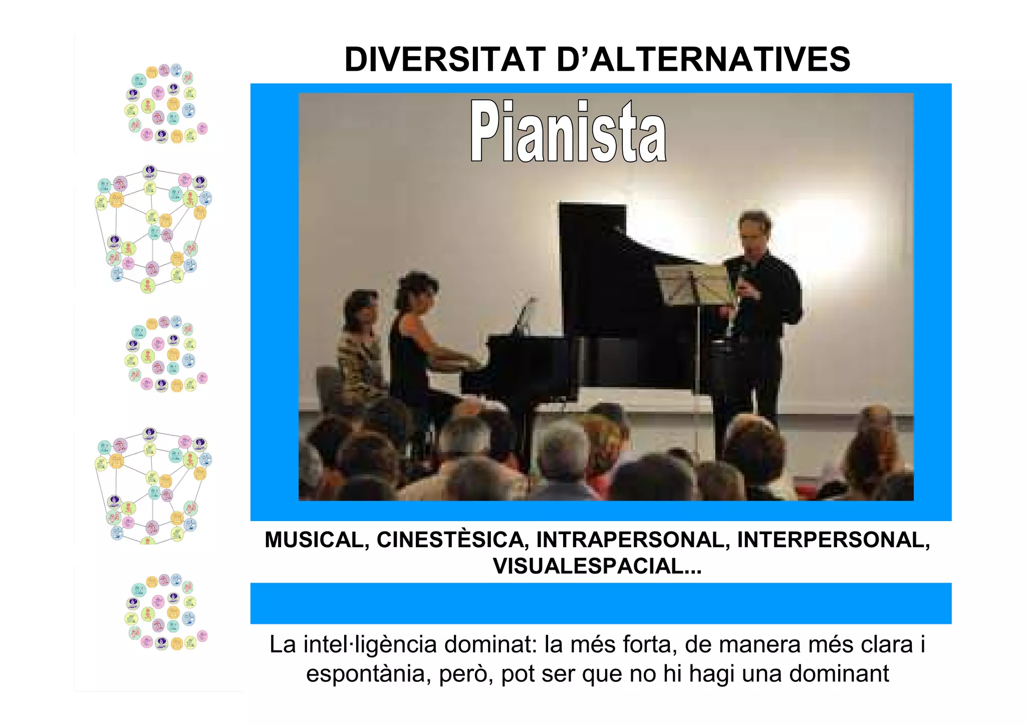 DIVERSITAT D’ALTERNATIVES




MUSICAL, CINESTÈSICA, INTRAPERSONAL, INTERPERSONAL,
                  VISUALESPACIAL...


La intel·ligència dominat: la més forta, de manera més clara i
    espontània, però, pot ser que no hi hagi una dominant
 