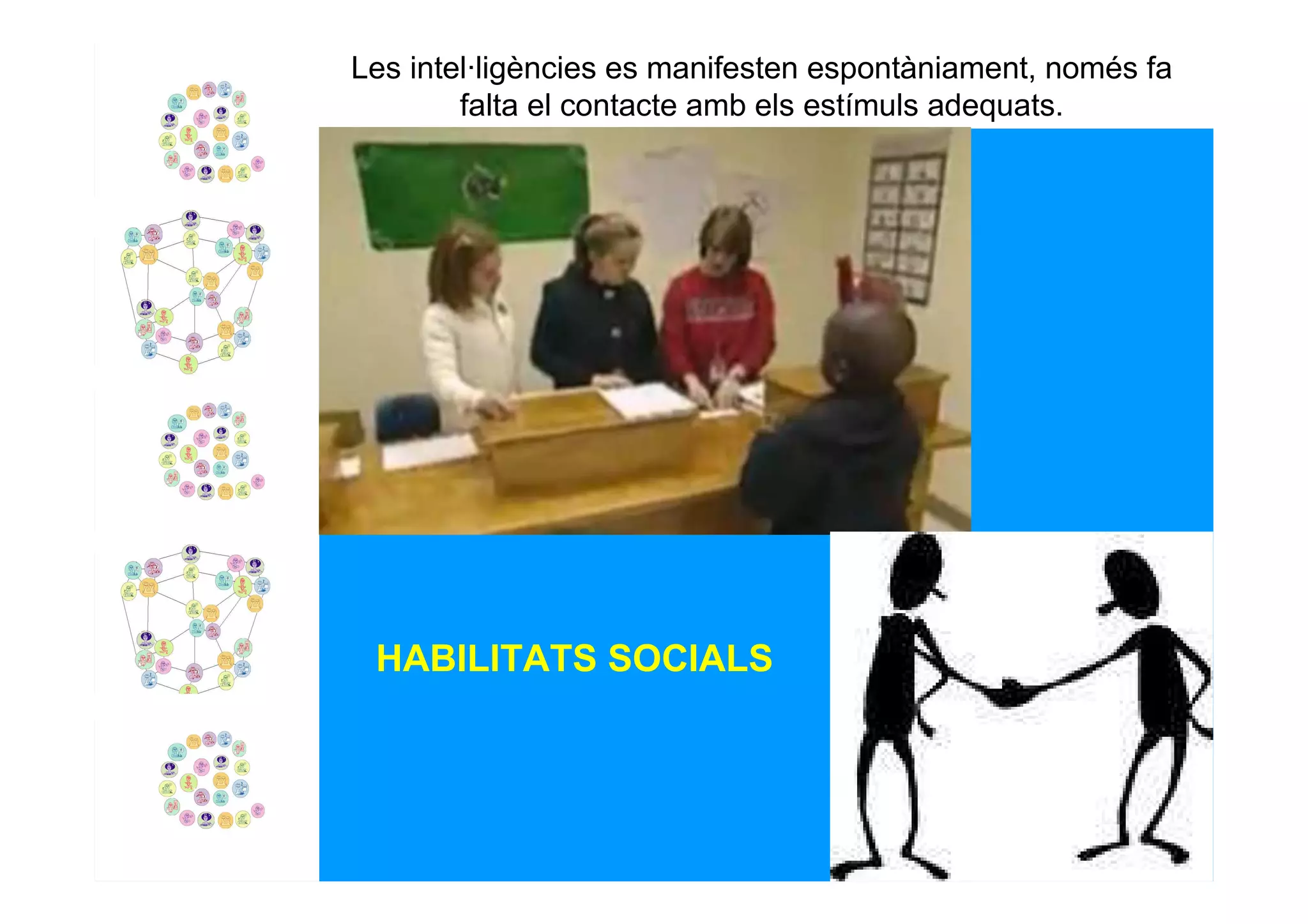 Les intel·ligències es manifesten espontàniament, només fa
        falta el contacte amb els estímuls adequats.




 HABILITATS SOCIALS
 