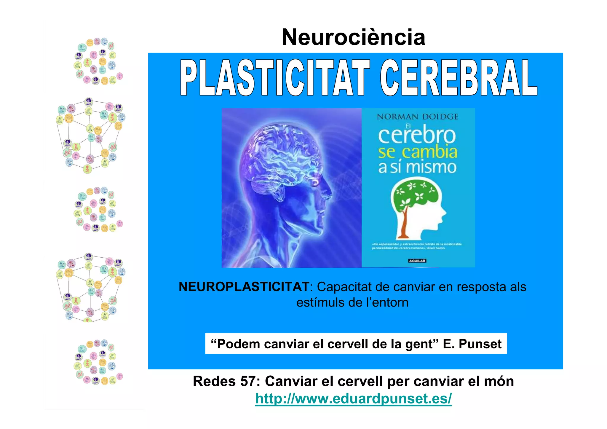 Neurociència




NEUROPLASTICITAT: Capacitat de canviar en resposta als
              estímuls de l’entorn


    “Podem canviar el cervell de la gent” E. Punset

  Redes 57: Canviar el cervell per canviar el món
          http://www.eduardpunset.es/
 