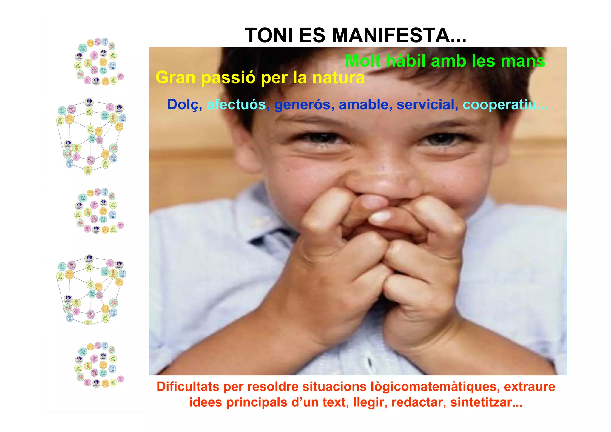 TONI ES MANIFESTA...
                       Molt hàbil amb les mans
Gran passió per la natura
 Dolç, afectuós, generós, amable, servicial, cooperatiu...




Dificultats per resoldre situacions lògicomatemàtiques, extraure
      idees principals d’un text, llegir, redactar, sintetitzar...
 