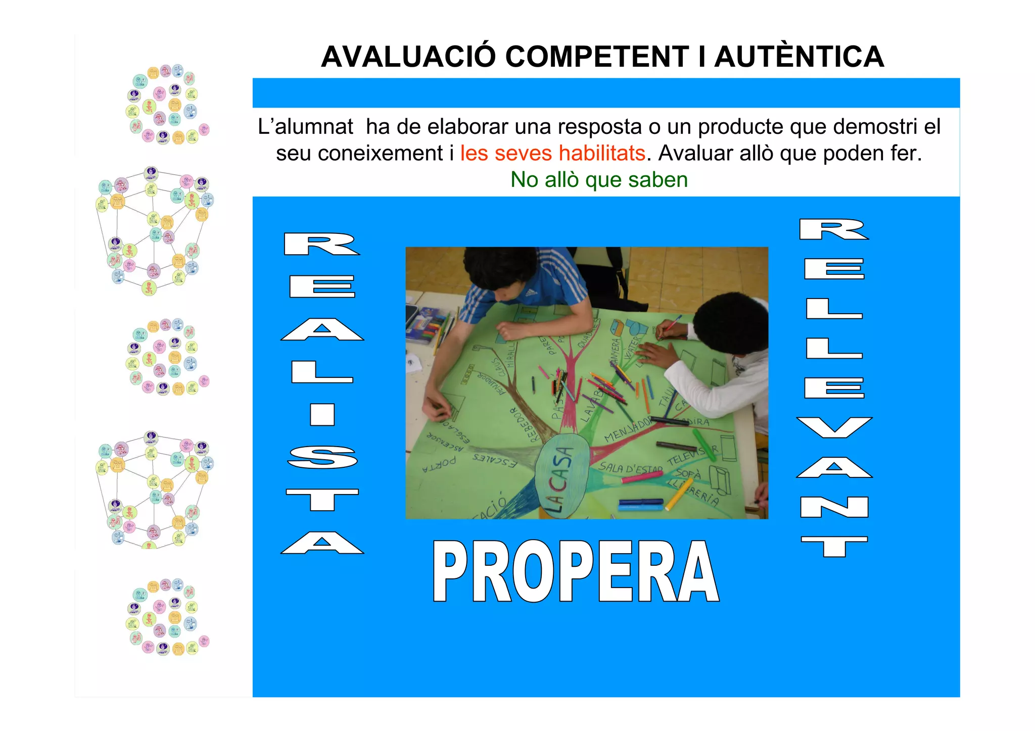 AVALUACIÓ COMPETENT I AUTÈNTICA

L’alumnat ha de elaborar una resposta o un producte que demostri el
  seu coneixement i les seves habilitats. Avaluar allò que poden fer.
                         No allò que saben
 