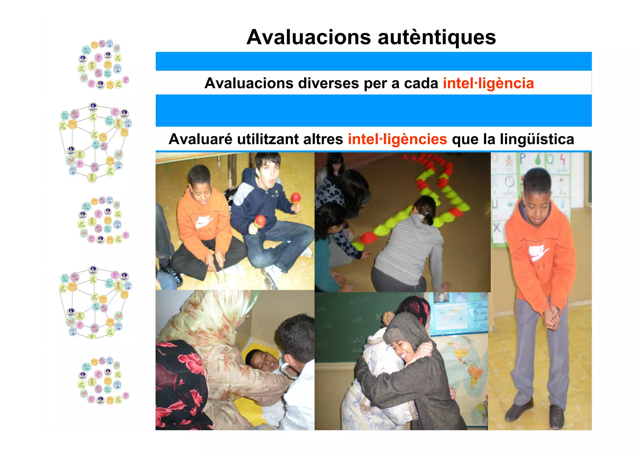 Avaluacions autèntiques

     Avaluacions diverses per a cada intel·ligència


Avaluaré utilitzant altres intel·ligències que la lingüística
 