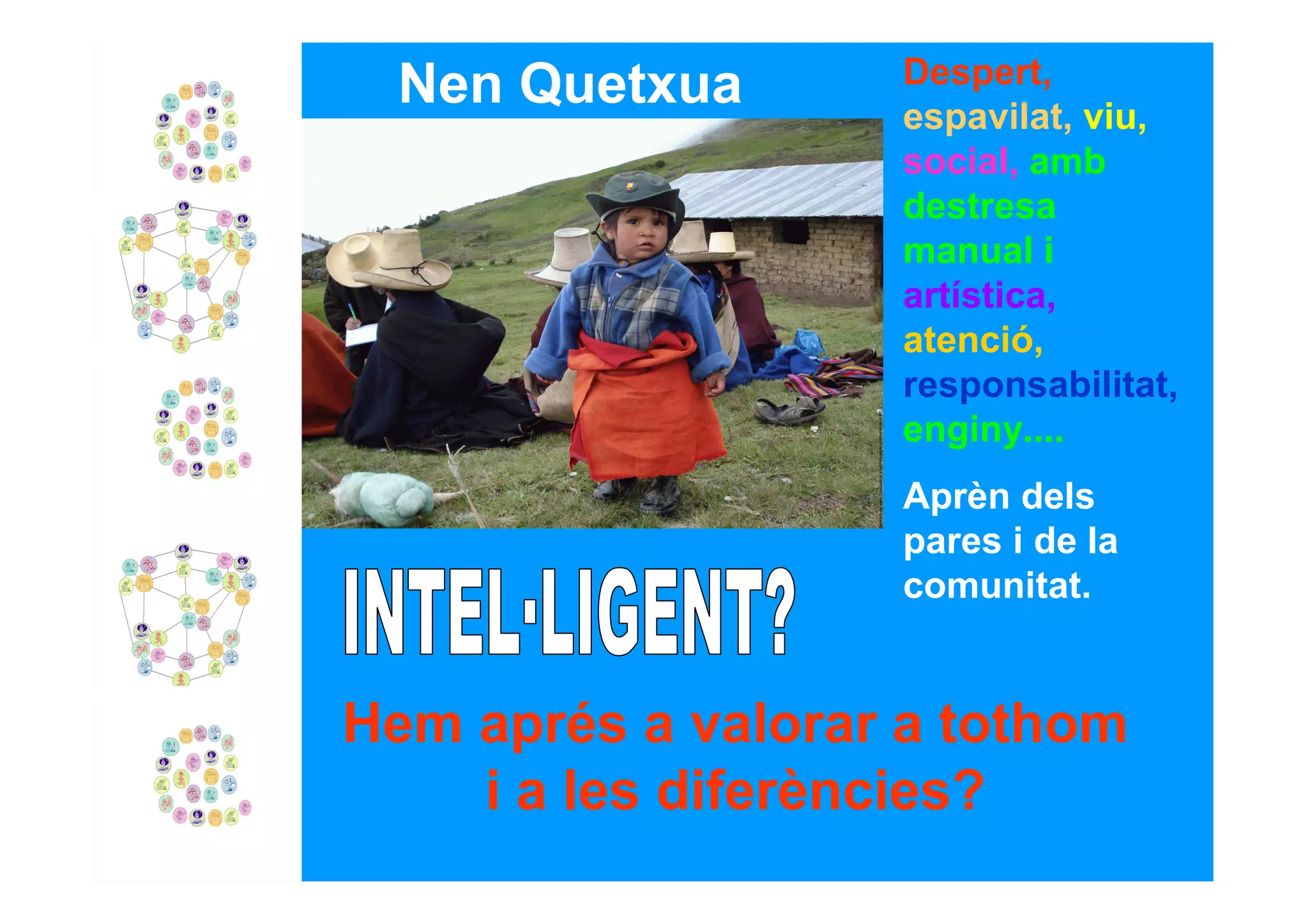 Nen Quetxua       Despert,
                   espavilat, viu,
                   social, amb
                   destresa
                   manual i
                   artística,
                   atenció,
                   responsabilitat,
                   enginy....
                   Aprèn dels
                   pares i de la
                   comunitat.


Hem aprés a valorar a tothom
    i a les diferències?
 