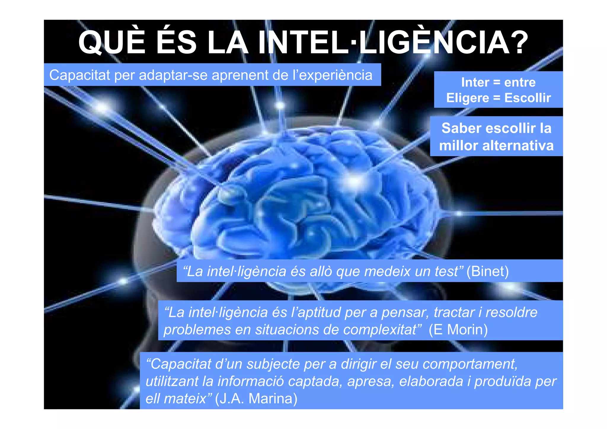 QUÈ ÉS LA INTEL·LIGÈNCIA?
Capacitat per adaptar-se aprenent de l’experiència                  Inter = entre
                                                                 Eligere = Escollir

                                                                Saber escollir la
                                                                millor alternativa




                    “La intel·ligència és allò que medeix un test” (Binet)

                 “La intel·ligència és l’aptitud per a pensar, tractar i resoldre
                 problemes en situacions de complexitat” (E Morin)

              “Capacitat d’un subjecte per a dirigir el seu comportament,
              utilitzant la informació captada, apresa, elaborada i produïda per
              ell mateix” (J.A. Marina)
 