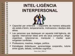INTEL·LIGÈNCIA
INTERPERSONAL

 Capacitat per entendre i respondre de manera adequada
als estats d’ànim, temperaments, motivacions i desitjos dels
altres.
 Les persones que destaquen en aquesta intel·ligència, els
agrada: intercanviar idees amb els seus companys, dirigir,
organitzar, relacionar-se, manipular i mediar quan
sorgeixen conflictes.
 Professions: mestres, metges, polítics.
 Estratègies didàctiques: aprenentatge cooperatiu, tutoria
entre iguals, debats, conflictes cognitius...
Núria Alart_2006-07

19

 