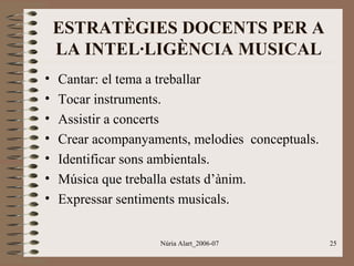 ESTRATÈGIES DOCENTS PER A
LA INTEL·LIGÈNCIA MUSICAL
•
•
•
•
•
•
•

Cantar: el tema a treballar
Tocar instruments.
Assistir a concerts
Crear acompanyaments, melodies conceptuals.
Identificar sons ambientals.
Música que treballa estats d’ànim.
Expressar sentiments musicals.
Núria Alart_2006-07

25

 
