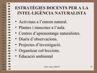 ESTRATÈGIES DOCENTS PER A LA
INTEL·LIGÈNCIA NATURALISTA
•
•
•
•
•
•
•

Activitats a l’entorn natural.
Plantes i mascotes a l’aula.
Centres d’aprenentatge naturalistes.
Diaris d’observacions.
Projectes d’investigació.
Organitzar col·leccions.
Educació ambiental
Núria Alart_2006-07

28

 