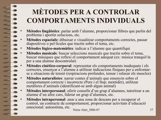 MÈTODES PER A CONTROLAR
COMPORTAMENTS INDIVIDUALS
•
•
•
•
•
•
•
•

Mètodes lingüístics: parlar amb l’alumne, proporcionar llibres que parlin del
problema i aportin solucions, etc.
Mètodes espacials: dibuixar o visualitzar comportaments correctes, passar
diapositives o pel·lícules que tractin sobre el tema, etc.
Mètodes lògico-matemàtics: indicar a l’alumne que quantifiqui
Mètodes musicals: buscar seleccions musicals que tractin sobre el tema,
buscar músiques que reflexi el comportament adequat (ex: música tranquil·la
per a una alumne descontrolat)
Mètodes cinètico-corporal: representar els comportaments inadequats i els
correctes, ensenyar a l’alumne a utilitzar indicacions físiques per a enfrontarse a situacions de tensió (respiracions profundes, tensar i relaxar els muscles)
Mètodes naturalistes: narrar contes d’animals que ensenyin sobre el
comportament correcte i incorrecte (Pere i el llop; mentider), utilitzar
metàfores d’animals (identificant-se amb algun animal)
Mètodes interpersonal: oferir consells d’un grup d’alumnes, tutoritzar a un
alumne d’un altre curs, liderar un grup d’alumnes, etc.
Mètodes intrapersonal: anar a una zona de descans per a recuperar el
control, un contracte de comportament, proporcionar activitats d’educació
emocional: autoestima, etc.
Núria Alart_2006-07

37

 